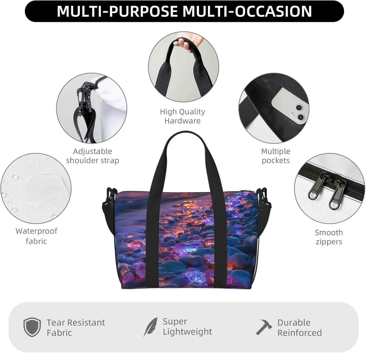 beach colorful glowing pebbles print Travel Duffel Bag, Sports Tote Gym Bag, Swim Pool Bag Large Shoulder Tote Bag for Beach Weekender