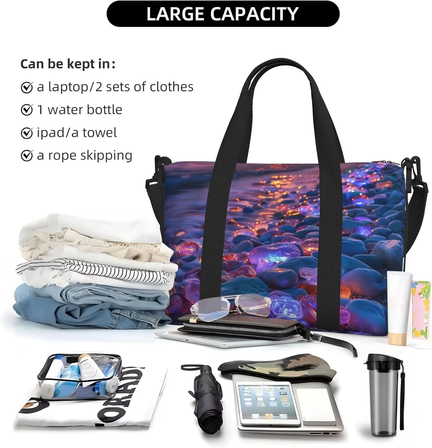 beach colorful glowing pebbles print Travel Duffel Bag, Sports Tote Gym Bag, Swim Pool Bag Large Shoulder Tote Bag for Beach Weekender