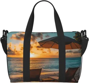 beach sun loungers umbrella print Travel Duffel Bag, Sports Tote Gym Bag, Swim Pool Bag Large Shoulder Tote Bag for Beach Weekender