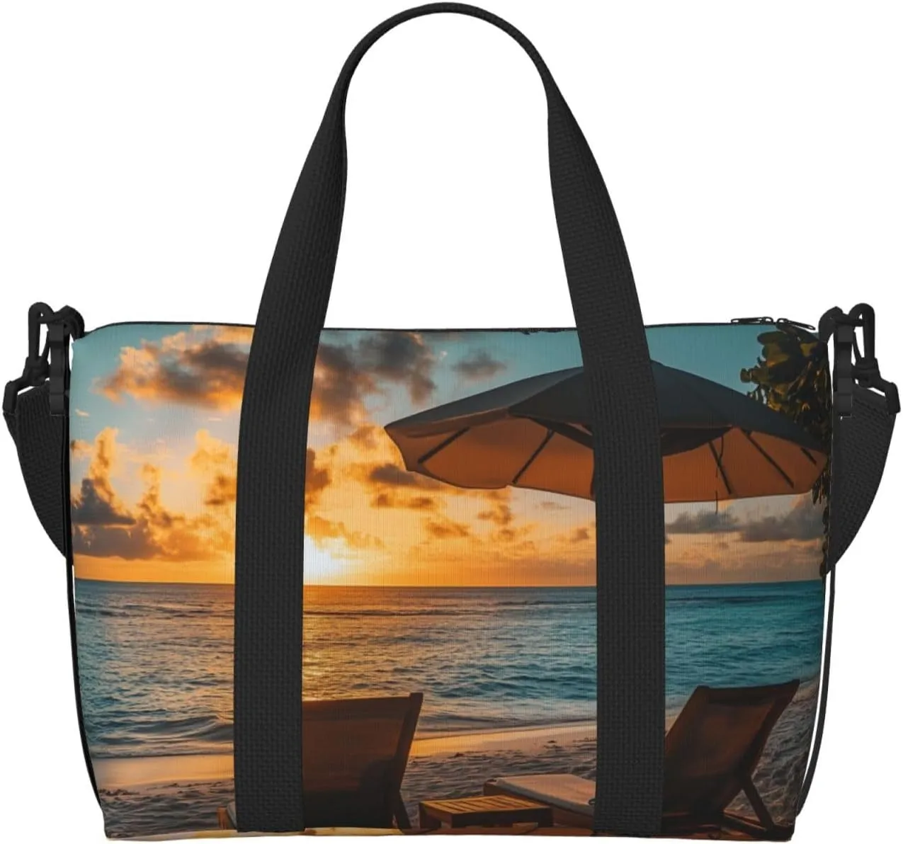 beach sun loungers umbrella print Travel Duffel Bag, Sports Tote Gym Bag, Swim Pool Bag Large Shoulder Tote Bag for Beach Weekender