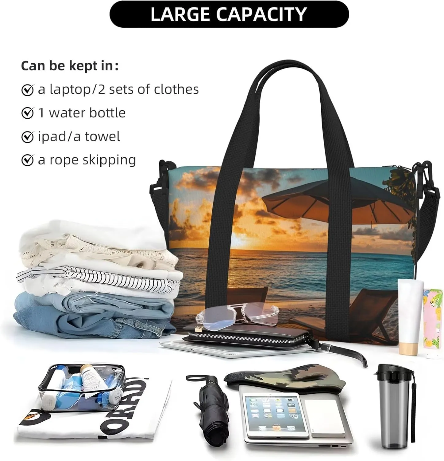 beach sun loungers umbrella print Travel Duffel Bag, Sports Tote Gym Bag, Swim Pool Bag Large Shoulder Tote Bag for Beach Weekender