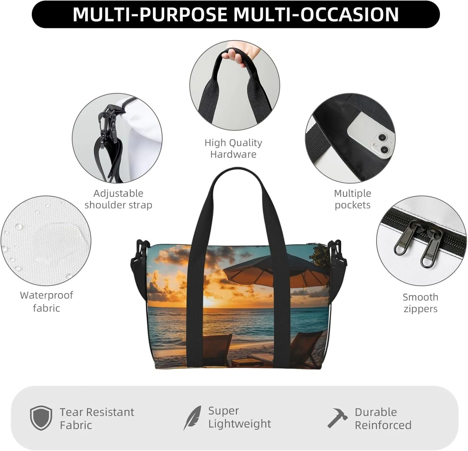 beach sun loungers umbrella print Travel Duffel Bag, Sports Tote Gym Bag, Swim Pool Bag Large Shoulder Tote Bag for Beach Weekender
