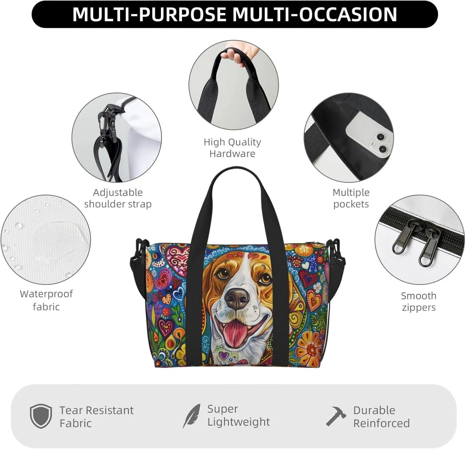 beagle print Travel Duffel Bag, Sports Tote Gym Bag, Swim Pool Bag Large Shoulder Tote Bag for Beach Weekender, 202-406-121