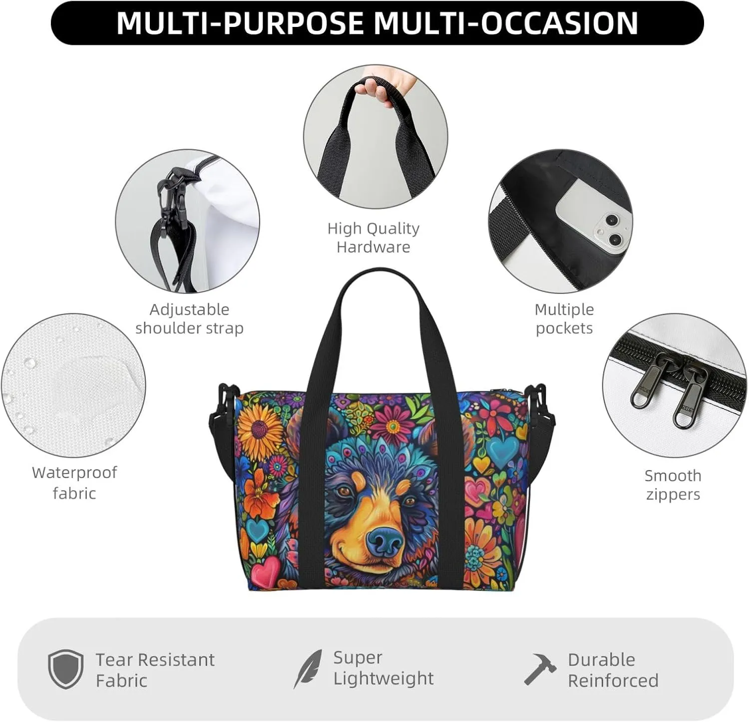 bear and colorful flowers print Travel Duffel Bag, Sports Tote Gym Bag, Swim Pool Bag Large Shoulder Tote Bag for Beach Weekender, 202-406-121