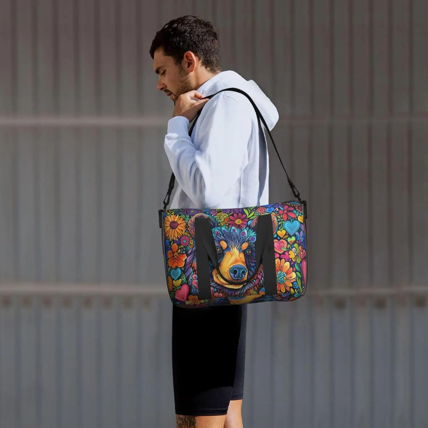 bear and colorful flowers print Travel Duffel Bag, Sports Tote Gym Bag, Swim Pool Bag Large Shoulder Tote Bag for Beach Weekender, 202-406-121