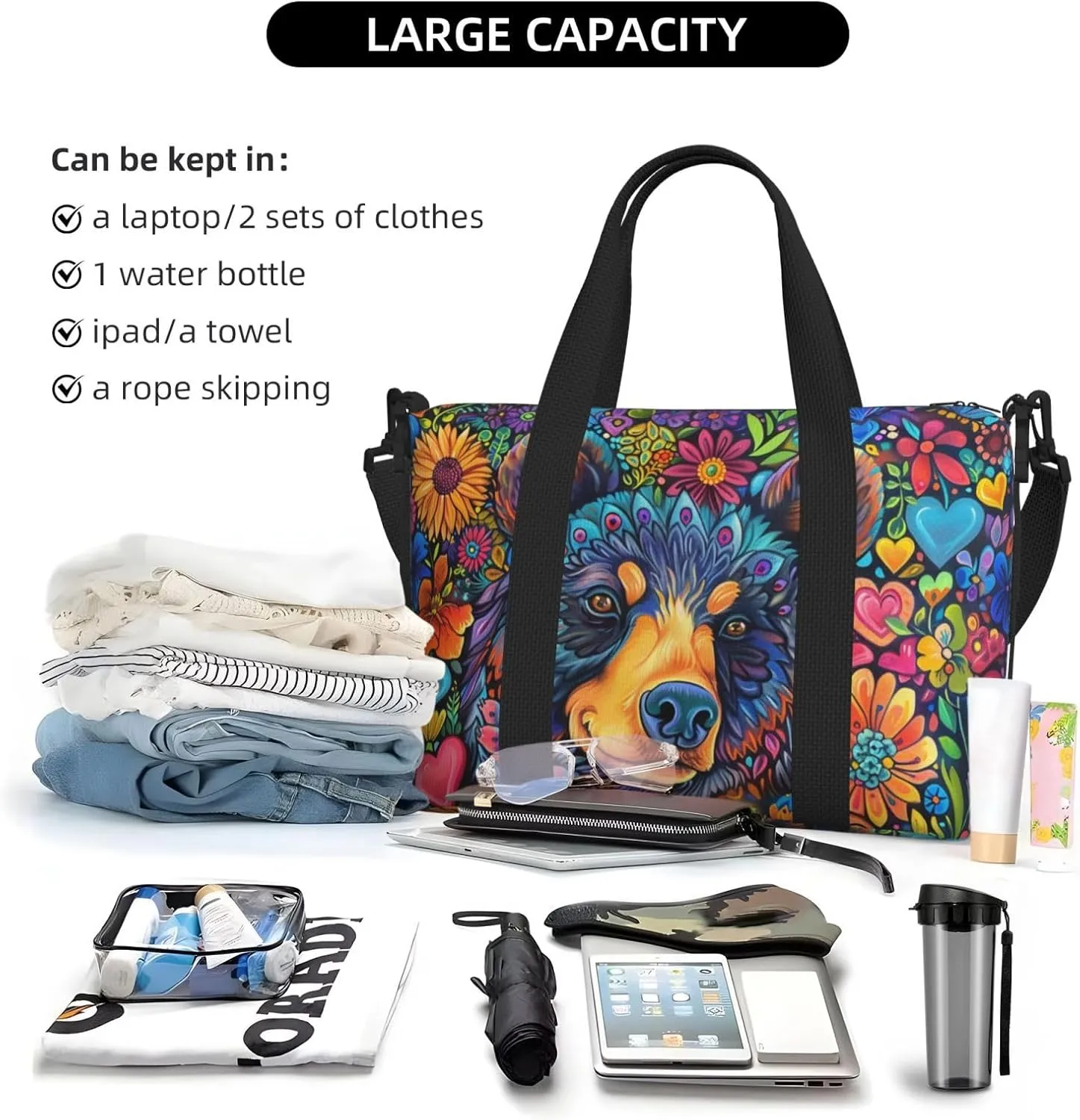 bear and colorful flowers print Travel Duffel Bag, Sports Tote Gym Bag, Swim Pool Bag Large Shoulder Tote Bag for Beach Weekender, 202-406-121