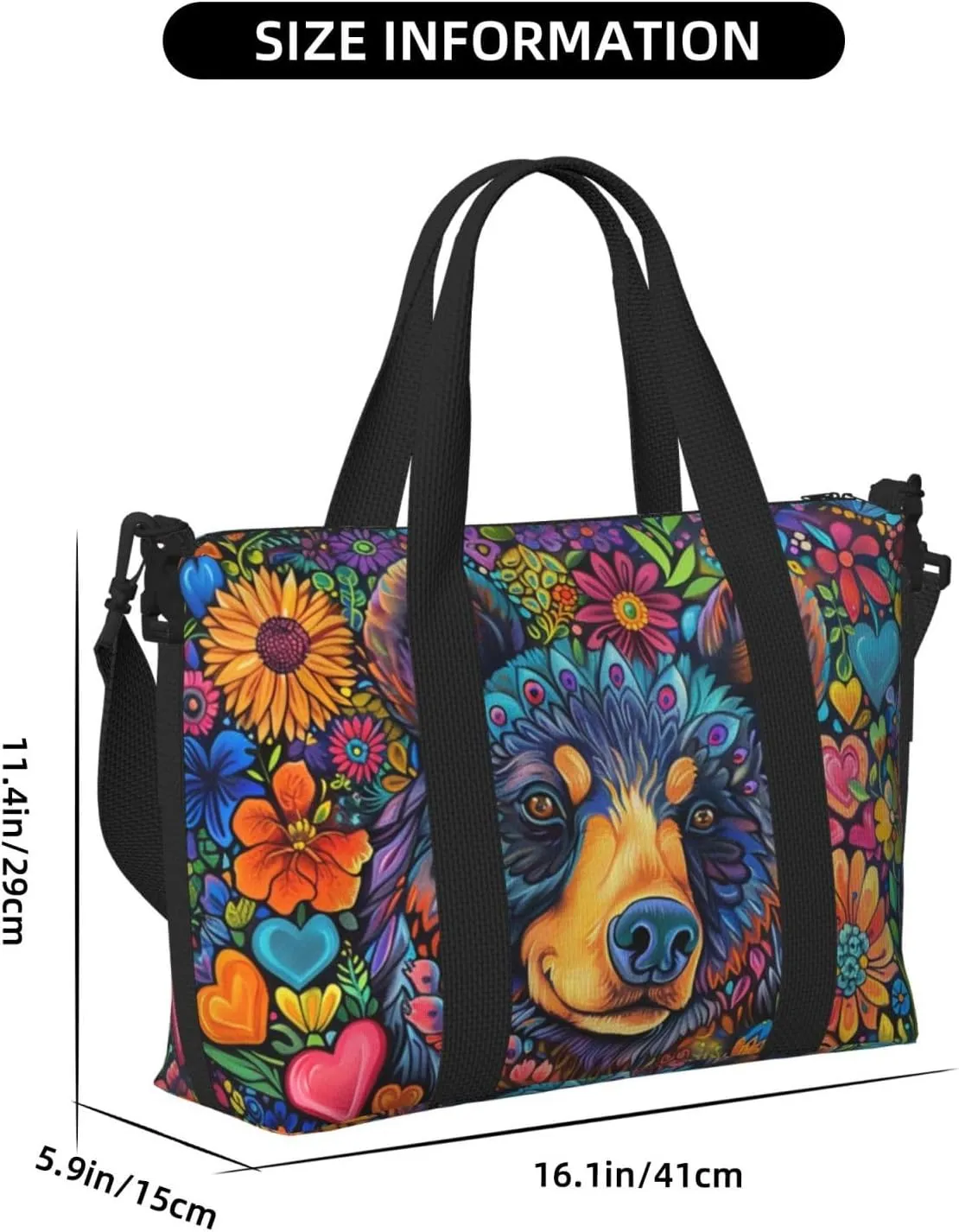 bear and colorful flowers print Travel Duffel Bag, Sports Tote Gym Bag, Swim Pool Bag Large Shoulder Tote Bag for Beach Weekender, 202-406-121
