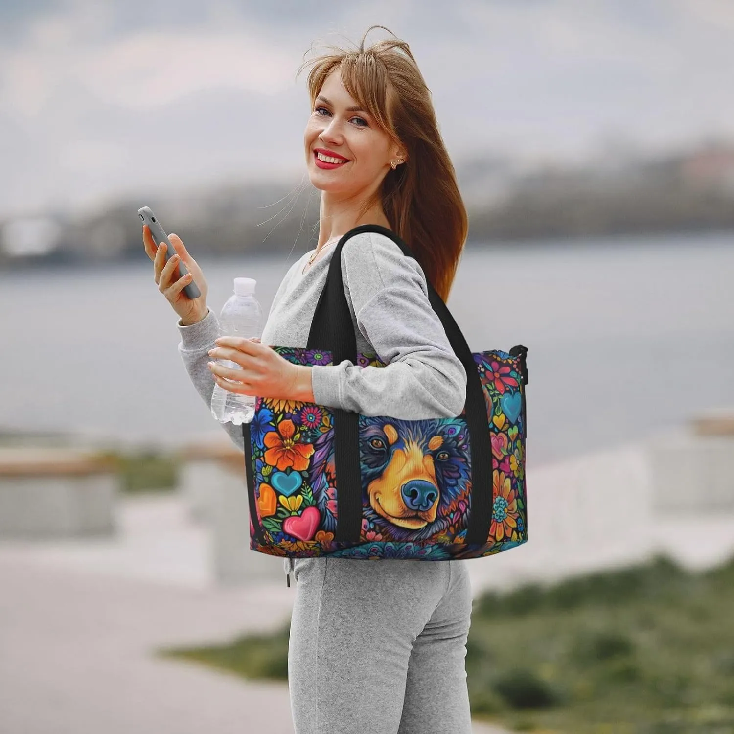 bear and colorful flowers print Travel Duffel Bag, Sports Tote Gym Bag, Swim Pool Bag Large Shoulder Tote Bag for Beach Weekender, 202-406-121