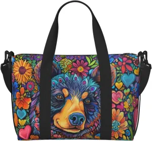 bear and colorful flowers print Travel Duffel Bag, Sports Tote Gym Bag, Swim Pool Bag Large Shoulder Tote Bag for Beach Weekender, 202-406-121