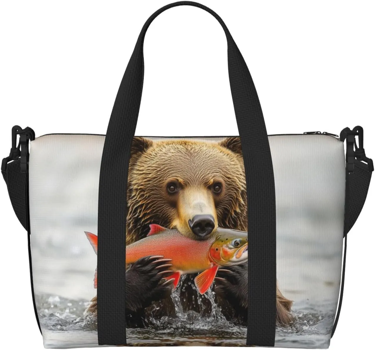 bear catching salmon print Travel Duffel Bag, Sports Tote Gym Bag, Swim Pool Bag Large Shoulder Tote Bag for Beach Weekender