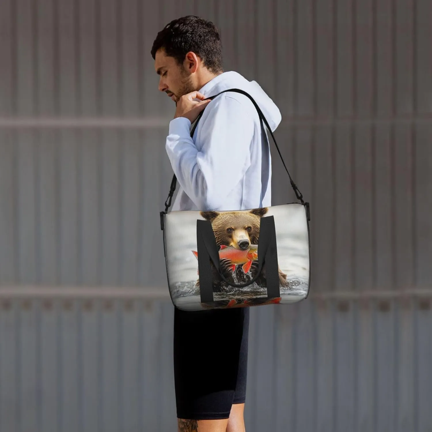 bear catching salmon print Travel Duffel Bag, Sports Tote Gym Bag, Swim Pool Bag Large Shoulder Tote Bag for Beach Weekender