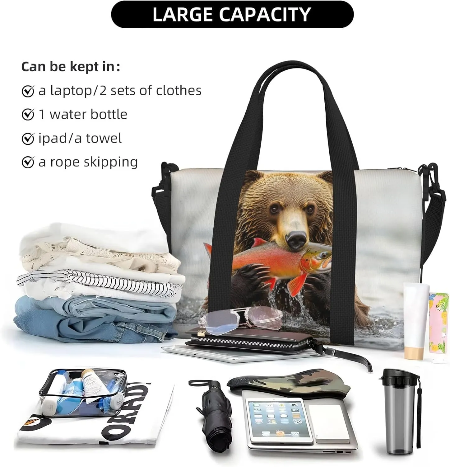bear catching salmon print Travel Duffel Bag, Sports Tote Gym Bag, Swim Pool Bag Large Shoulder Tote Bag for Beach Weekender