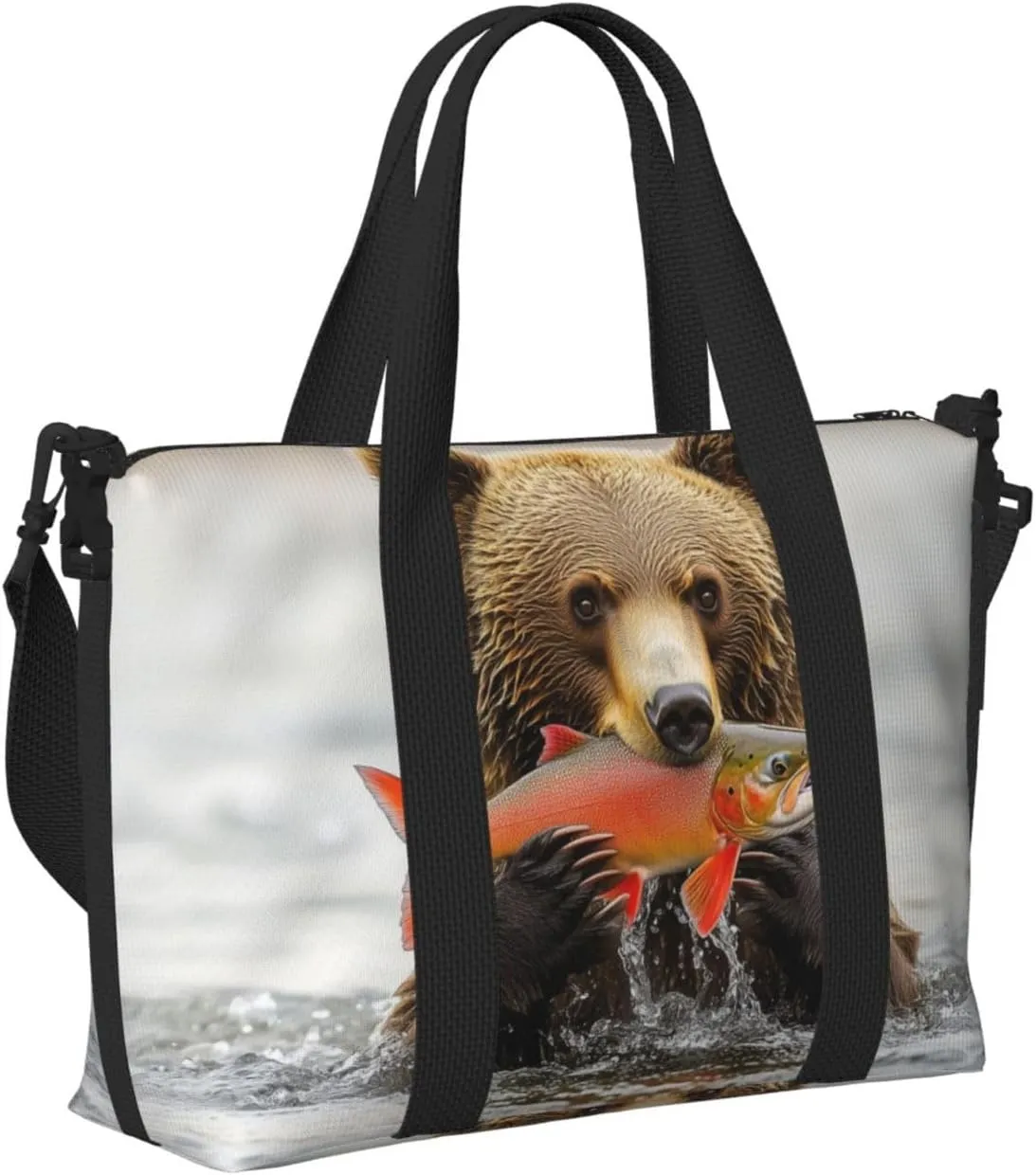bear catching salmon print Travel Duffel Bag, Sports Tote Gym Bag, Swim Pool Bag Large Shoulder Tote Bag for Beach Weekender