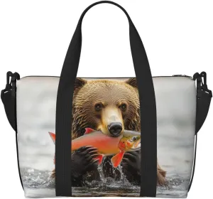 bear catching salmon print Travel Duffel Bag, Sports Tote Gym Bag, Swim Pool Bag Large Shoulder Tote Bag for Beach Weekender