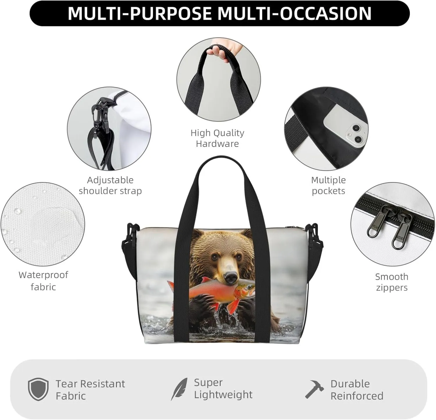 bear catching salmon print Travel Duffel Bag, Sports Tote Gym Bag, Swim Pool Bag Large Shoulder Tote Bag for Beach Weekender