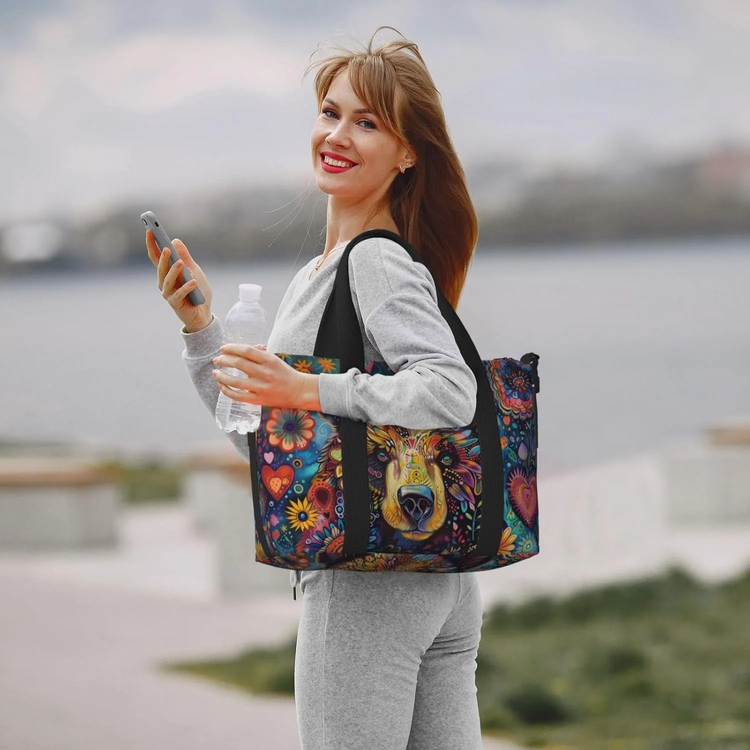 bear flowers print Travel Duffel Bag, Sports Tote Gym Bag, Swim Pool Bag Large Shoulder Tote Bag for Beach Weekender, 202-406-121