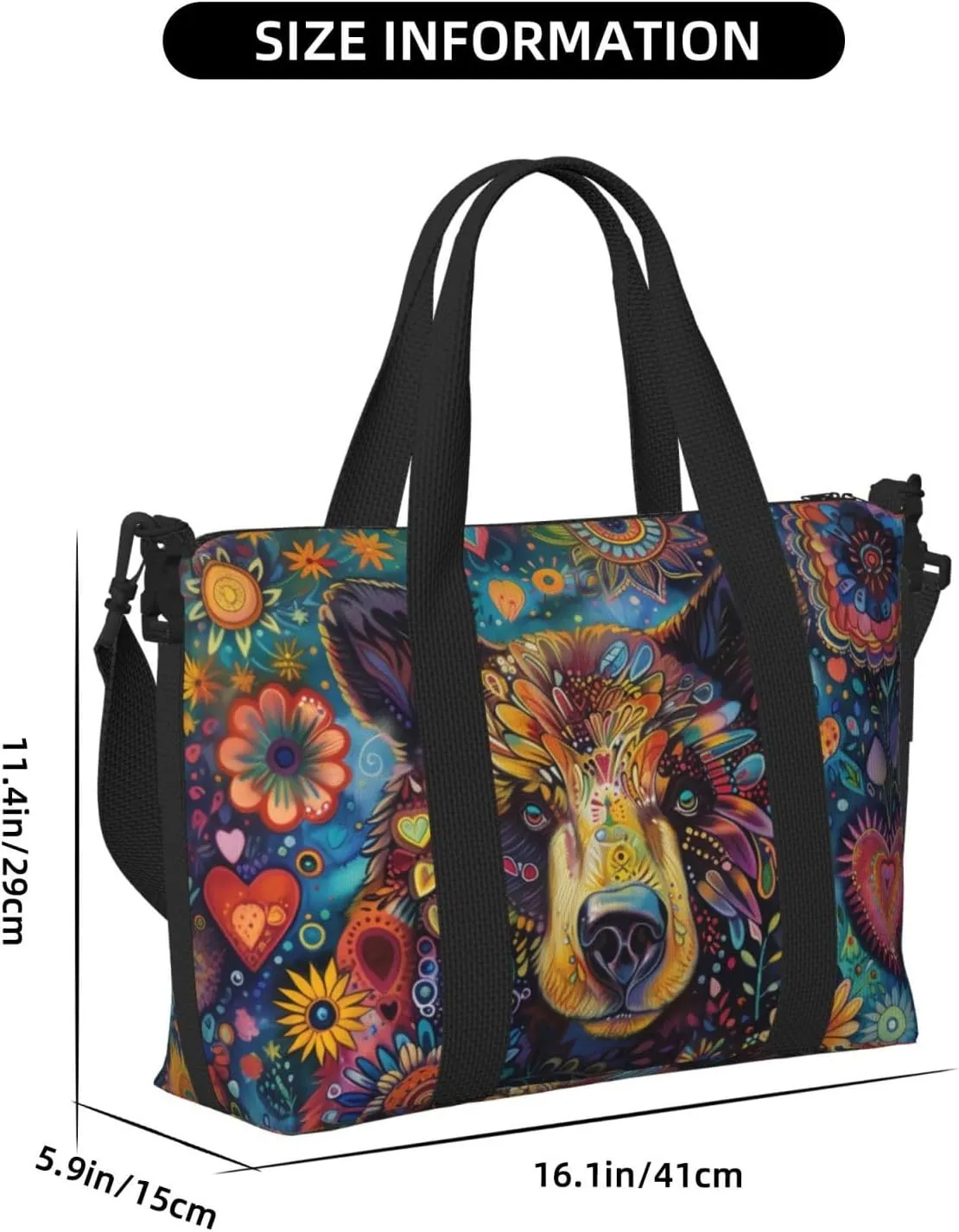 bear flowers print Travel Duffel Bag, Sports Tote Gym Bag, Swim Pool Bag Large Shoulder Tote Bag for Beach Weekender, 202-406-121