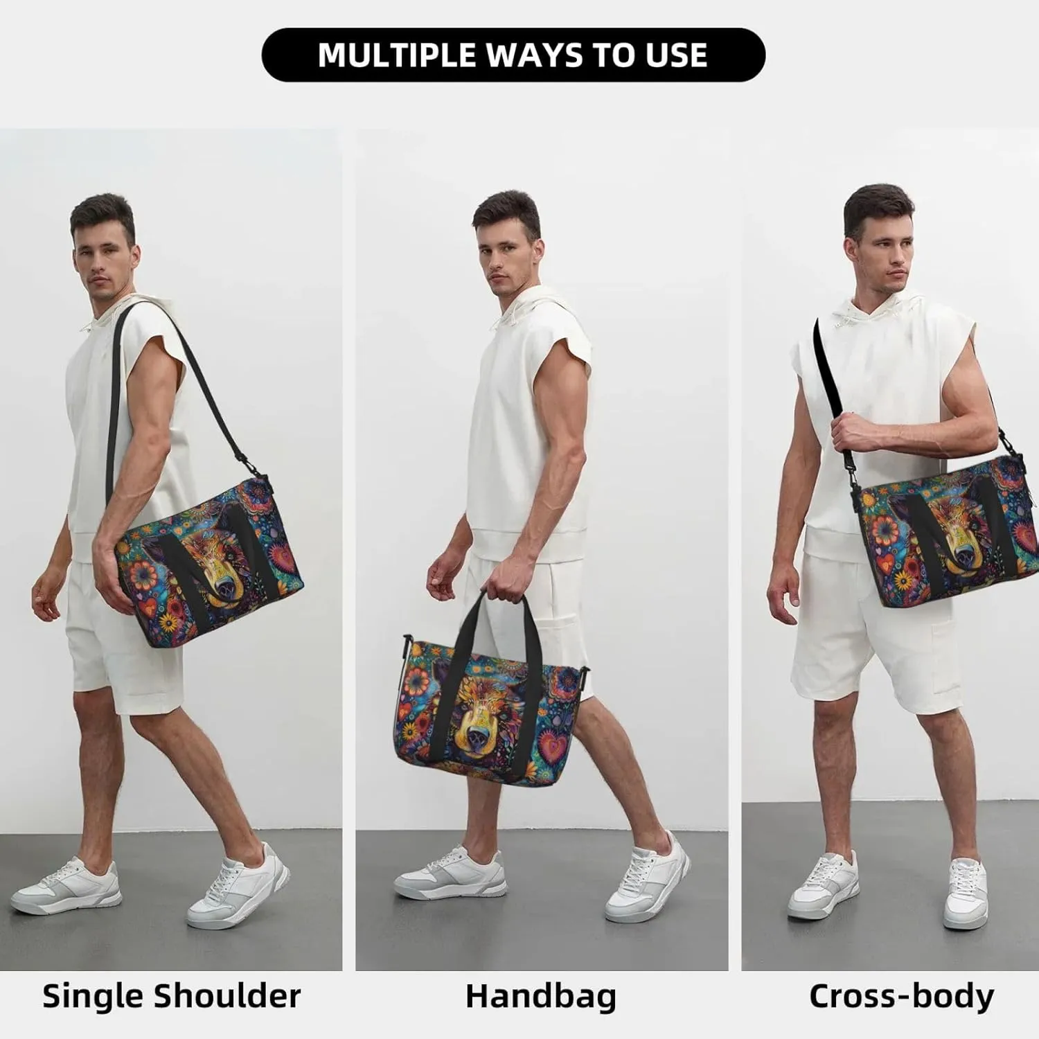 bear flowers print Travel Duffel Bag, Sports Tote Gym Bag, Swim Pool Bag Large Shoulder Tote Bag for Beach Weekender, 202-406-121
