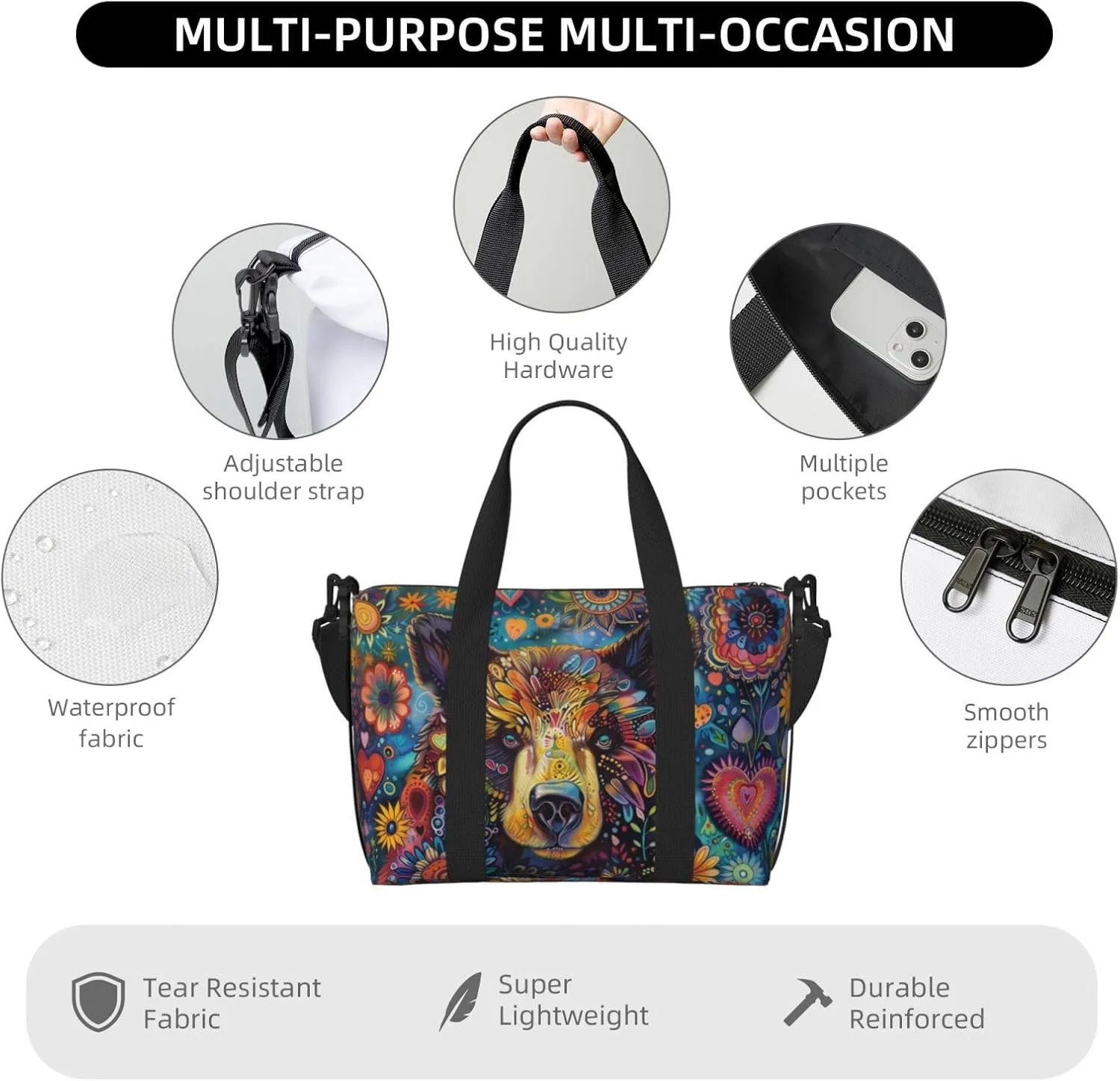 bear flowers print Travel Duffel Bag, Sports Tote Gym Bag, Swim Pool Bag Large Shoulder Tote Bag for Beach Weekender, 202-406-121