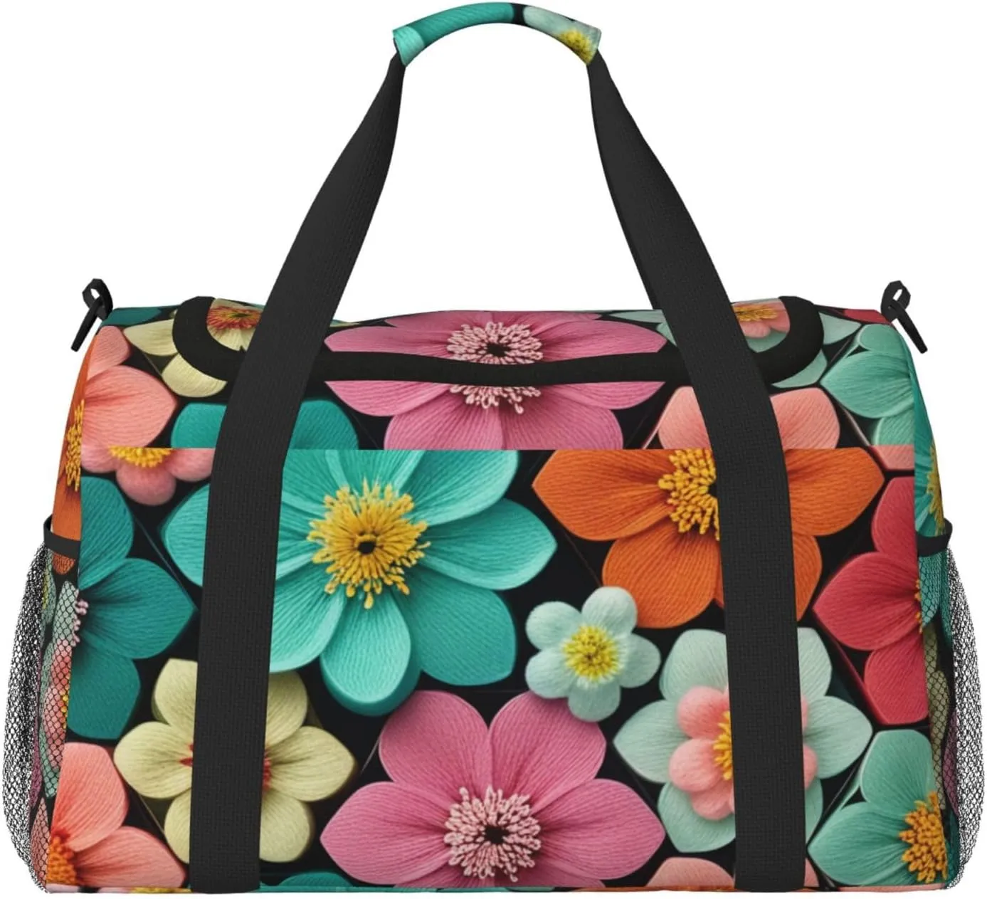 Beautiful Blooming Hexagon Print Travel Duffle Bag - Foldable Personal Item Travel Bag for Women & Men,Carry-On Convertible Crossbody Tote Bags with Adjustable Shoulder Strap & Pockets 13x10.2x19.7 in