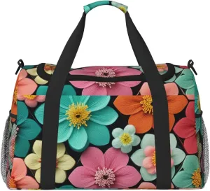 Beautiful Blooming Hexagon Print Travel Duffle Bag - Foldable Personal Item Travel Bag for Women & Men,Carry-On Convertible Crossbody Tote Bags with Adjustable Shoulder Strap & Pockets 13x10.2x19.7 in