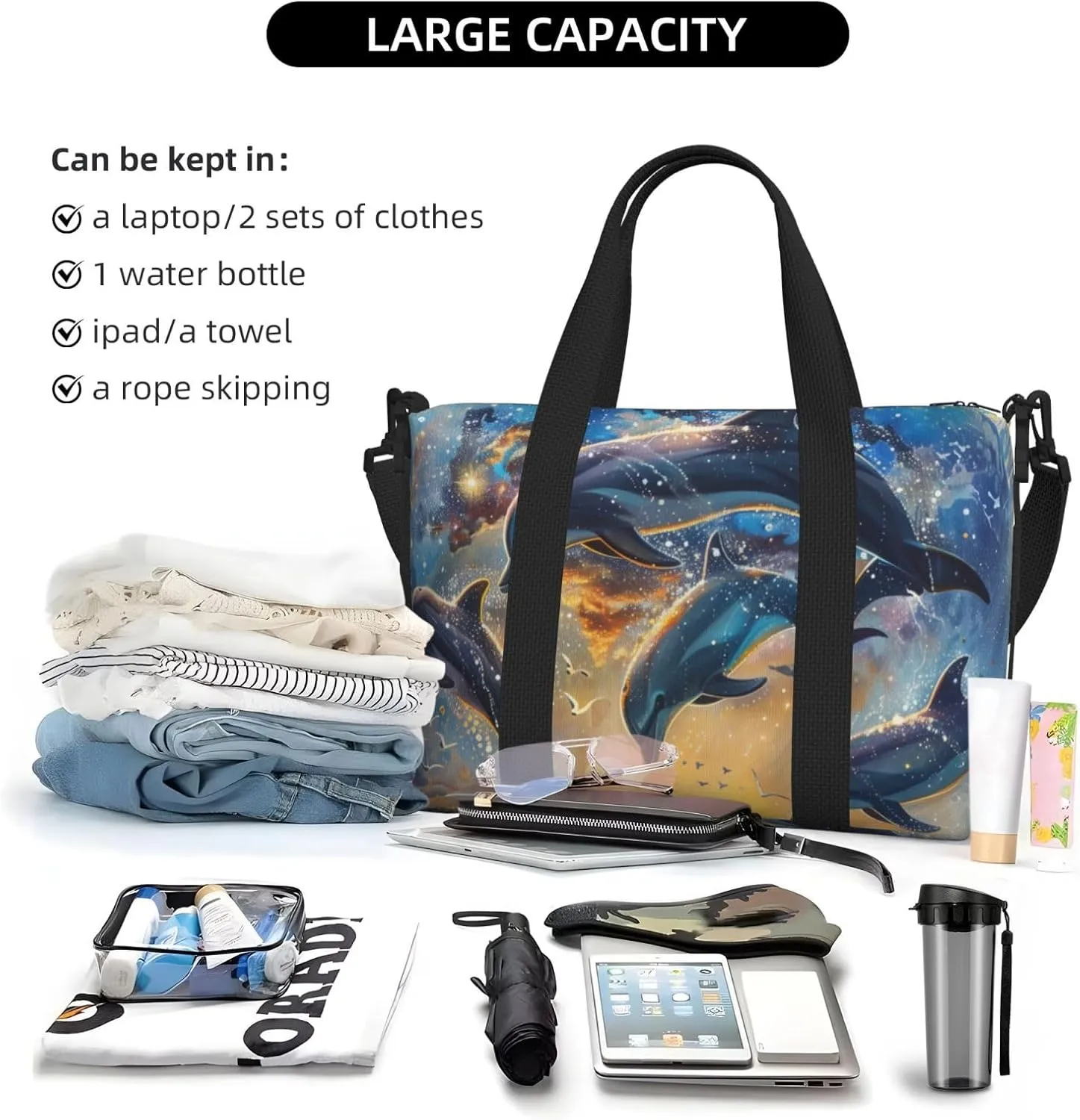 beautiful dolphins print Travel Duffel Bag, Sports Tote Gym Bag, Swim Pool Bag Large Shoulder Tote Bag for Beach Weekender, 202-406-121