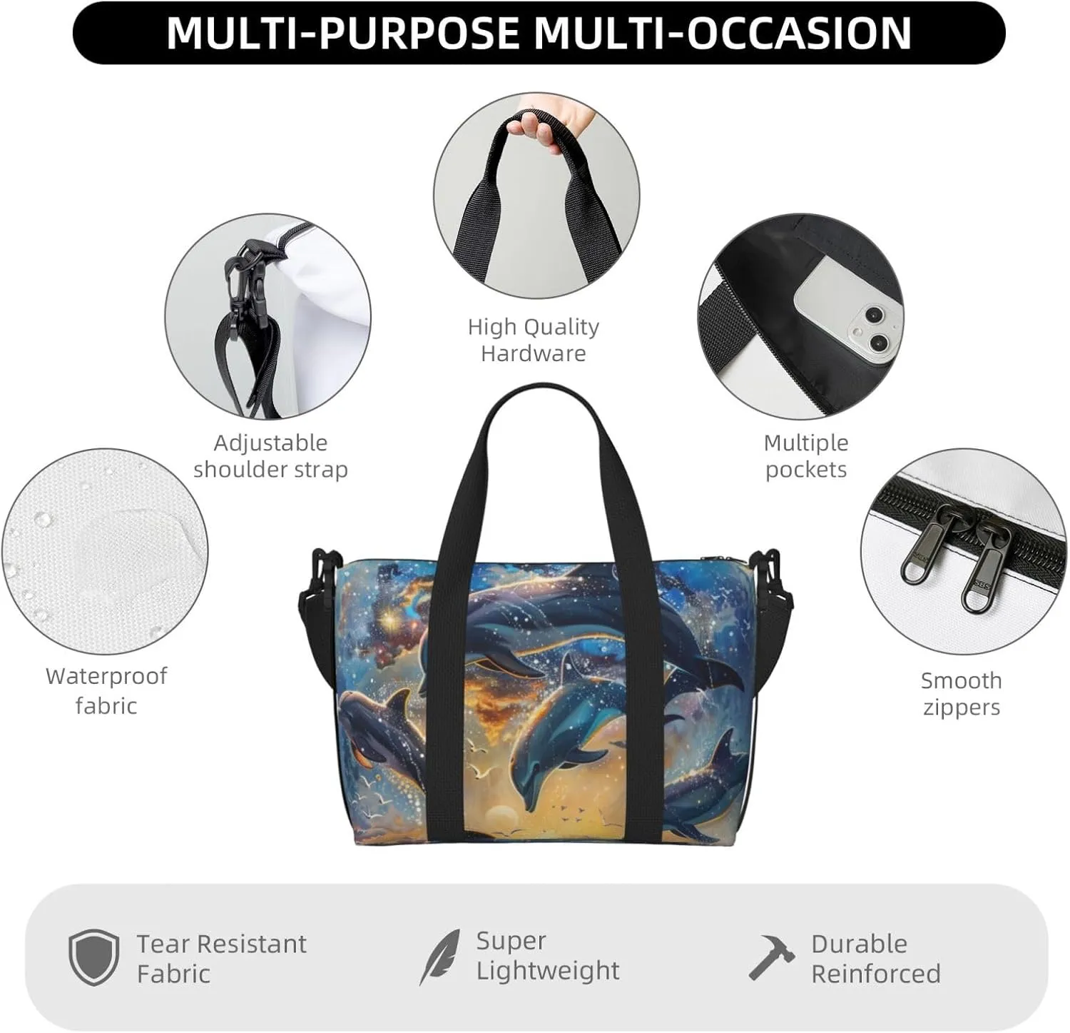 beautiful dolphins print Travel Duffel Bag, Sports Tote Gym Bag, Swim Pool Bag Large Shoulder Tote Bag for Beach Weekender, 202-406-121