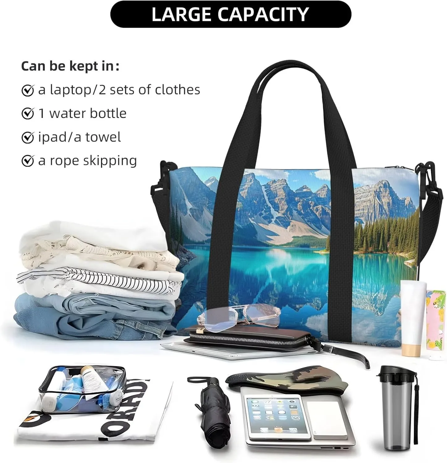 beautiful Moraine Lake print Travel Duffel Bag, Sports Tote Gym Bag, Swim Pool Bag Large Shoulder Tote Bag for Beach Weekender