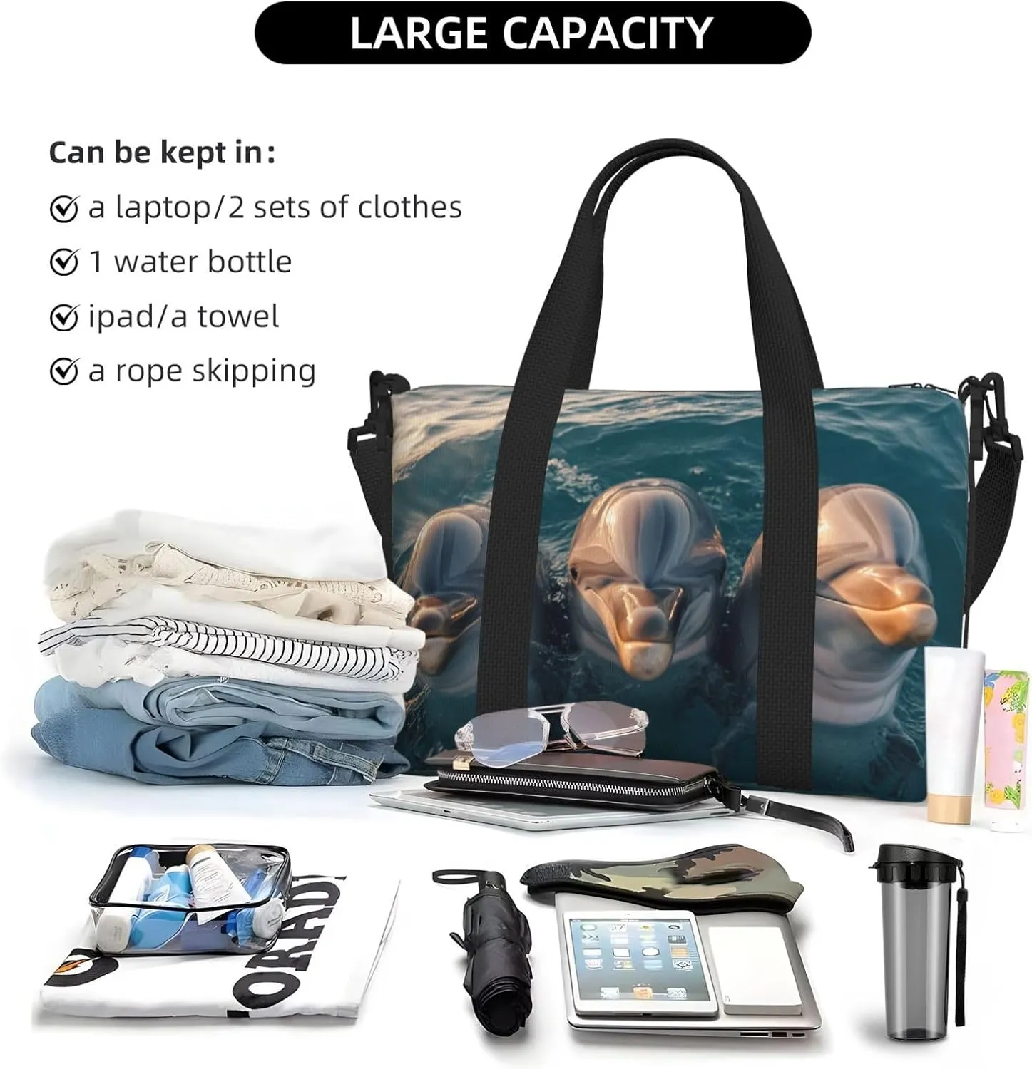 beautiful trio of dolphins print Travel Duffel Bag, Sports Tote Gym Bag, Swim Pool Bag Large Shoulder Tote Bag for Beach Weekender