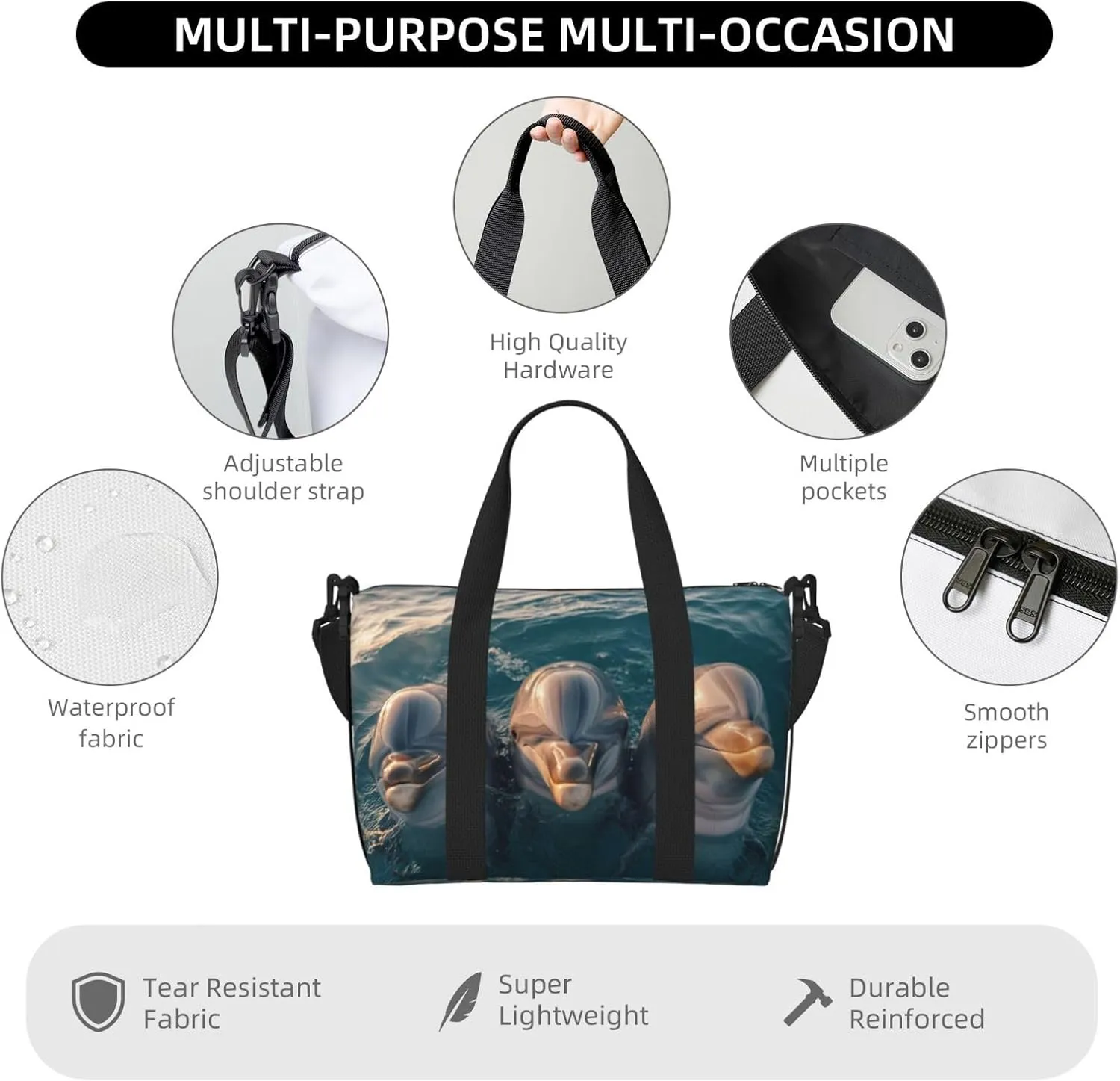 beautiful trio of dolphins print Travel Duffel Bag, Sports Tote Gym Bag, Swim Pool Bag Large Shoulder Tote Bag for Beach Weekender