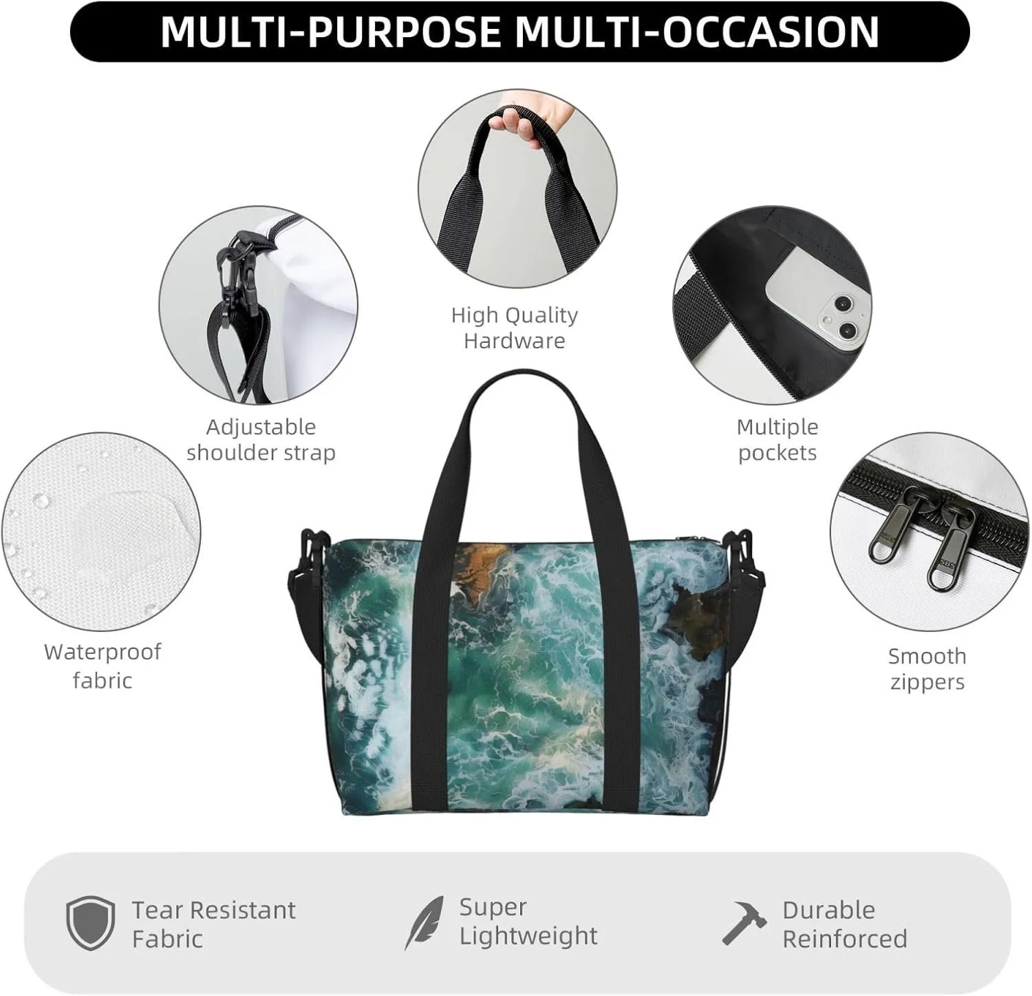 beautiful waves crashing against rocks print Travel Duffel Bag, Sports Tote Gym Bag, Swim Pool Bag Large Shoulder Tote Bag for Beach Weekender