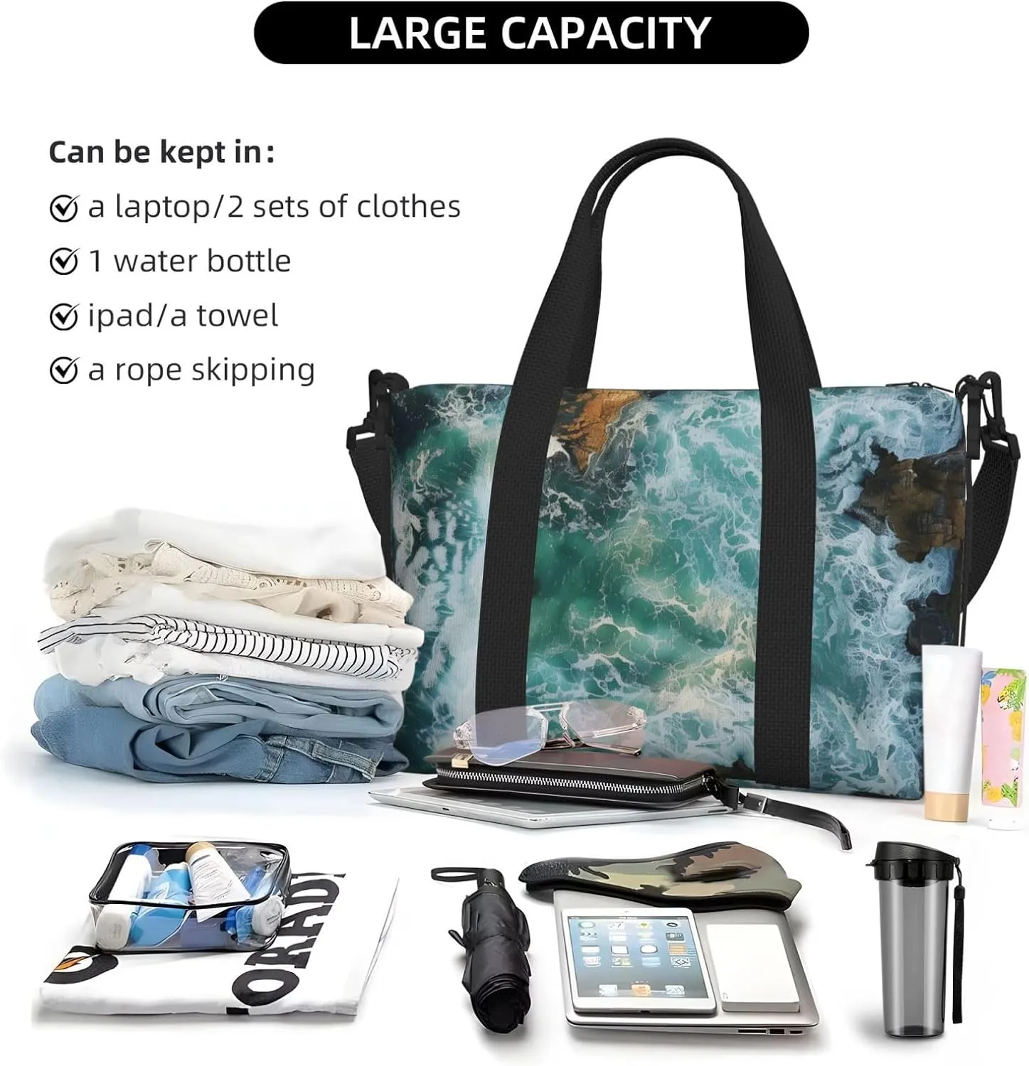 beautiful waves crashing against rocks print Travel Duffel Bag, Sports Tote Gym Bag, Swim Pool Bag Large Shoulder Tote Bag for Beach Weekender