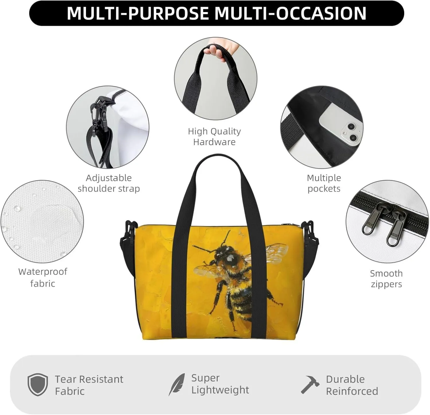 bee with honey print Travel Duffel Bag, Sports Tote Gym Bag, Swim Pool Bag Large Shoulder Tote Bag for Beach Weekender