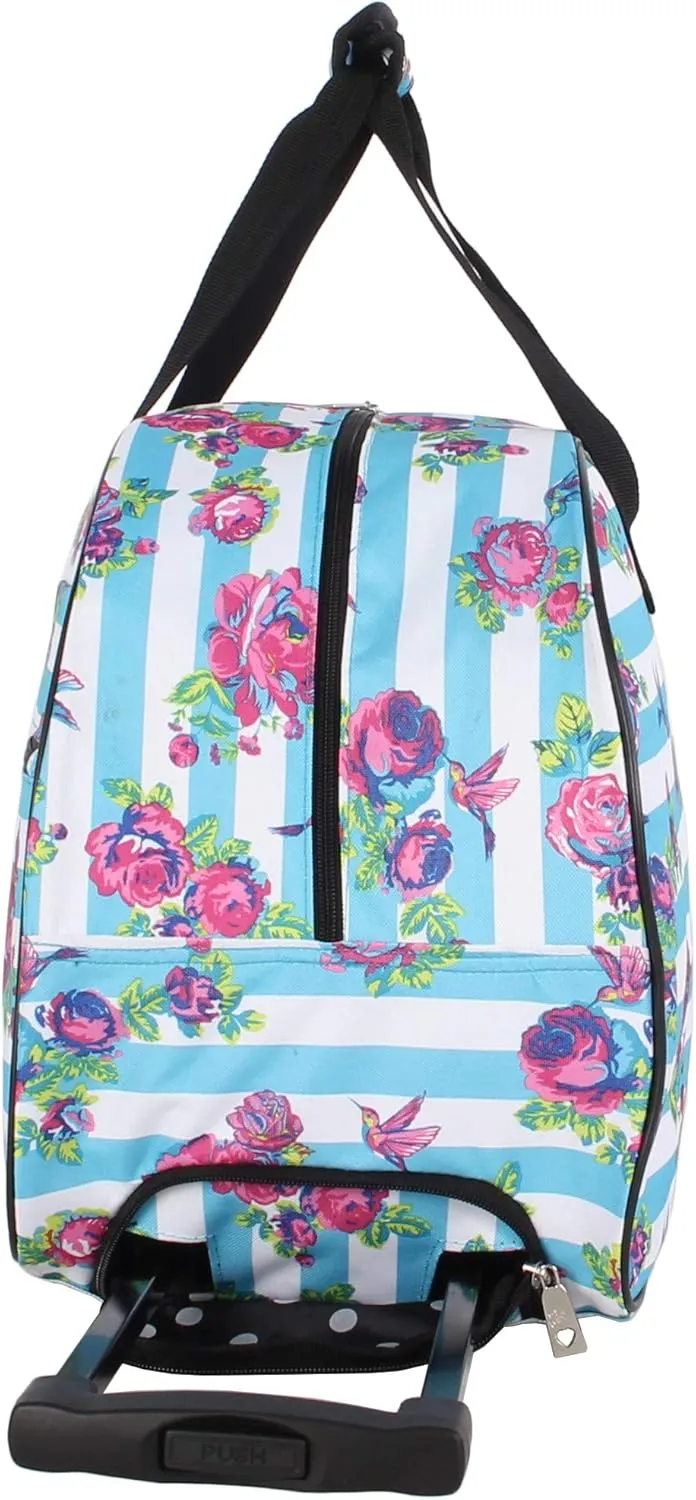 Betsey Johnson Designer Carry On Luggage Collection - Lightweight Pattern 22 Inch Duffel Bag- Weekender Overnight Business Travel Suitcase with 2- Rolling Wheels (Stripe Floral)