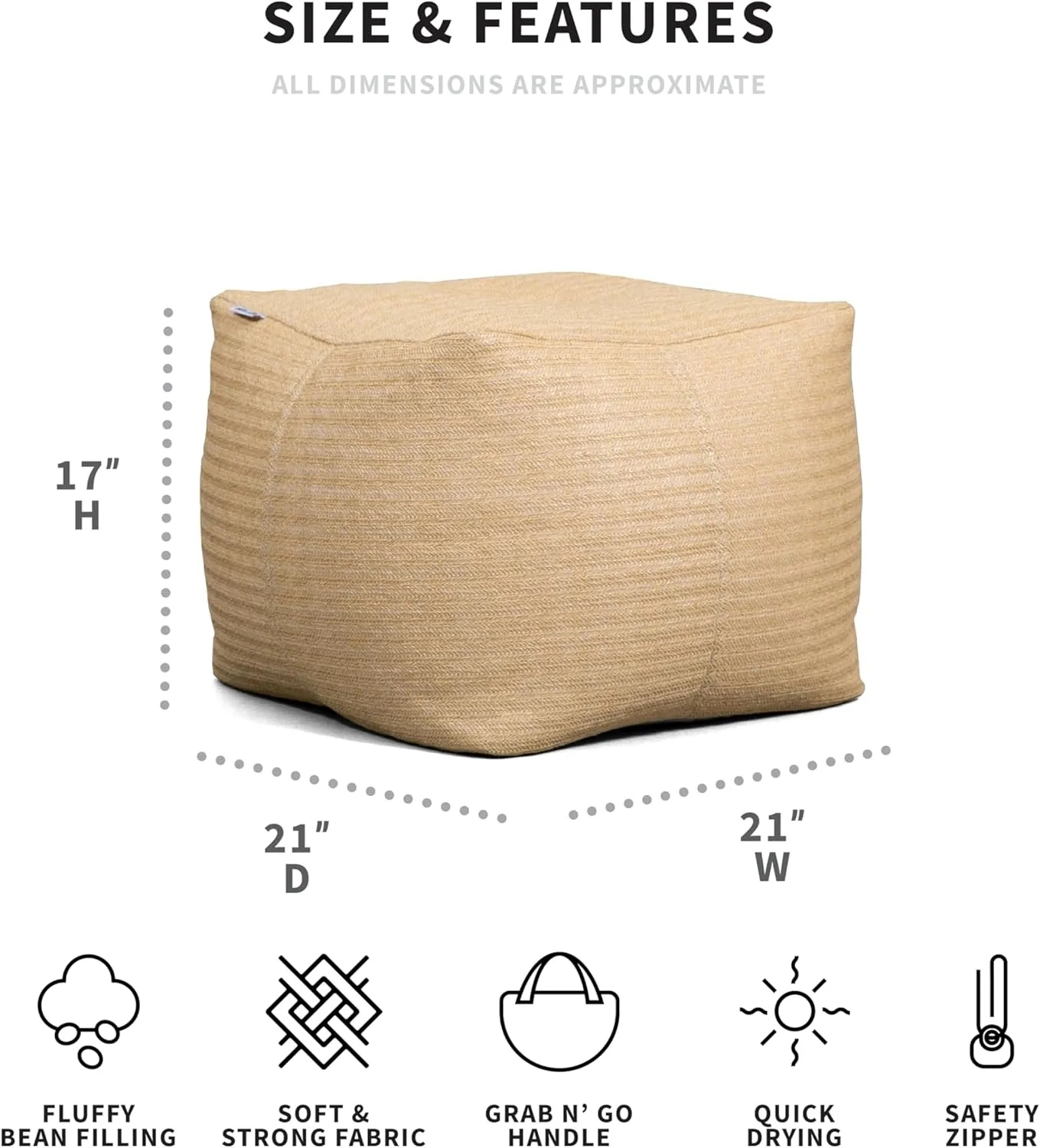 Big Joe Square Ottoman Weatherproof Bean Bag Footrest, Natural Basket Weave, Breathable Weather Resistant Fabric, 2 feet