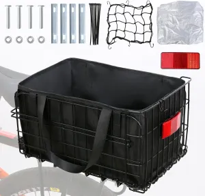 Bike Basket Rear Folding Large Bicycle Rear Basket with Removable Liner Bag and Waterproof Cover Large Capacity Ebike Rear Basket Metal for Adult Women/Men Carrying Dogs Pets Fruit & Grocery