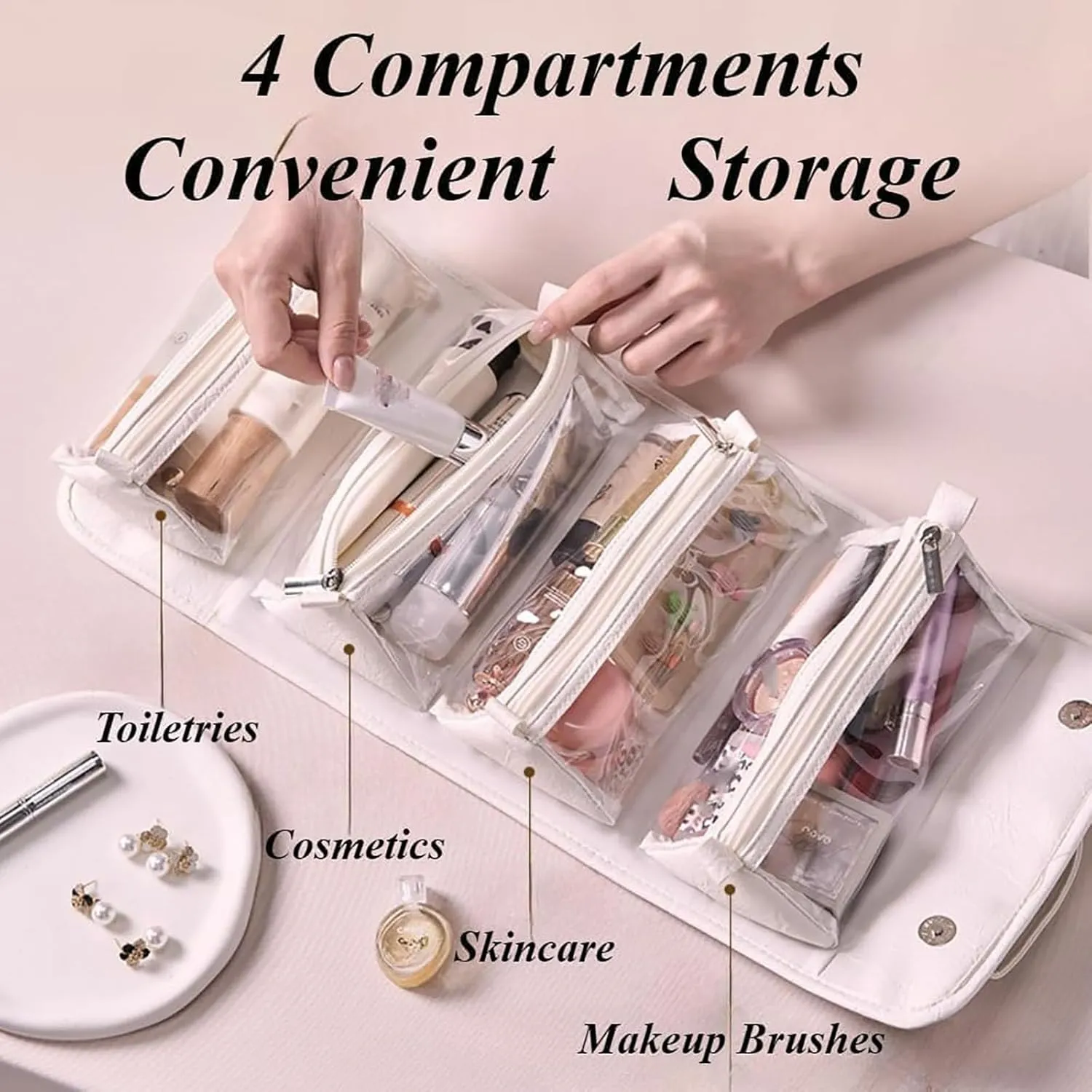 Binozinco Cosmetic Bag, Basic-Chic Makeup Bagwith Clear Divider and Handle, Leather Waterproof Cosmetic Bag, Player Travel Cosmetic Bag, Portable Hanging PU Leather Makeup with Compartment (2*B)