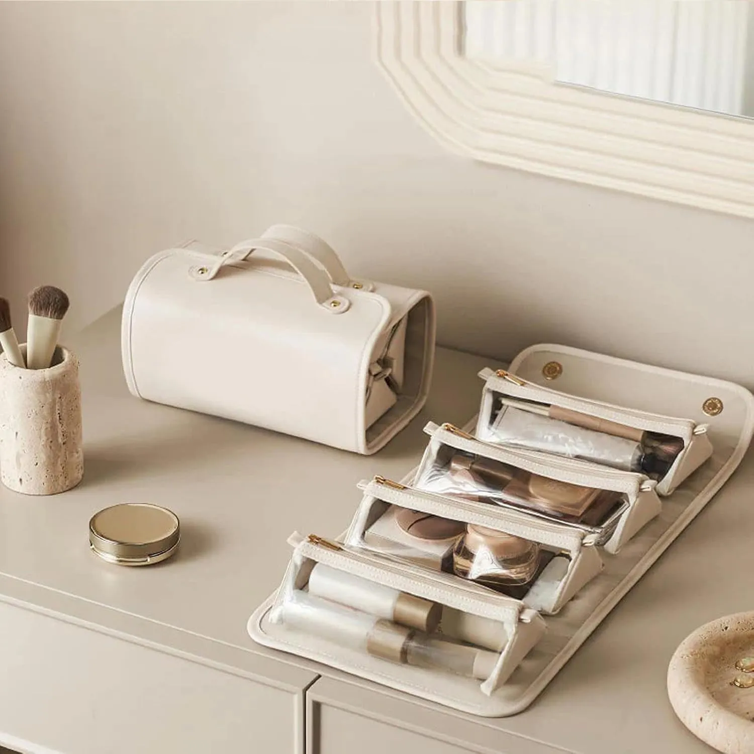 Binozinco Cosmetic Bag, Basic-Chic Makeup Bagwith Clear Divider and Handle, Leather Waterproof Cosmetic Bag, Player Travel Cosmetic Bag, Portable Hanging PU Leather Makeup with Compartment (2*B)