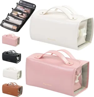 Binozinco Cosmetic Bag, Basic-Chic Makeup Bagwith Clear Divider and Handle, Leather Waterproof Cosmetic Bag, Player Travel Cosmetic Bag, Portable Hanging PU Leather Makeup with Compartment (2*B)
