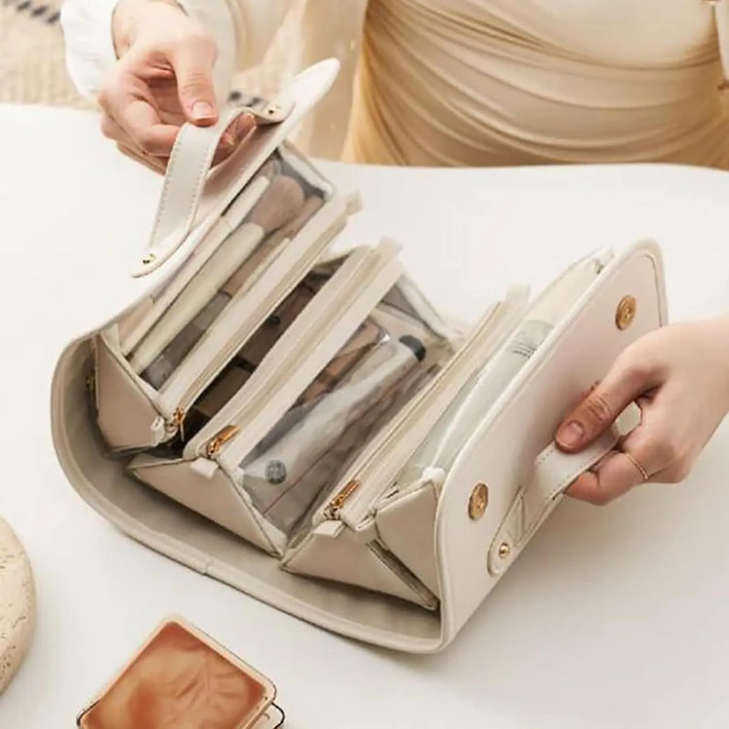 Binozinco Cosmetic Bag, Basic-Chic Makeup Bagwith Clear Divider and Handle, Leather Waterproof Cosmetic Bag, Player Travel Cosmetic Bag, Portable Hanging PU Leather Makeup with Compartment (2*B)