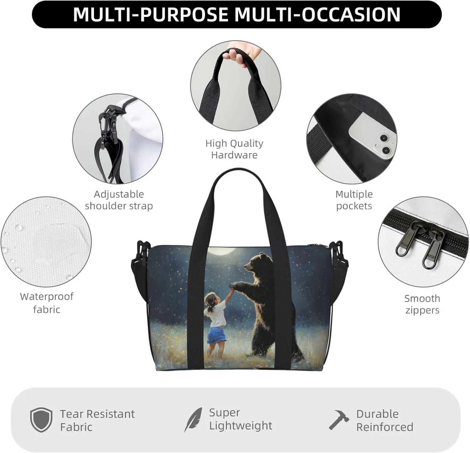 black bear dancing print Travel Duffel Bag, Sports Tote Gym Bag, Swim Pool Bag Large Shoulder Tote Bag for Beach Weekender