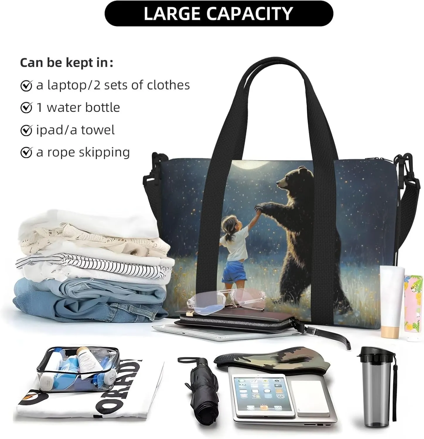 black bear dancing print Travel Duffel Bag, Sports Tote Gym Bag, Swim Pool Bag Large Shoulder Tote Bag for Beach Weekender