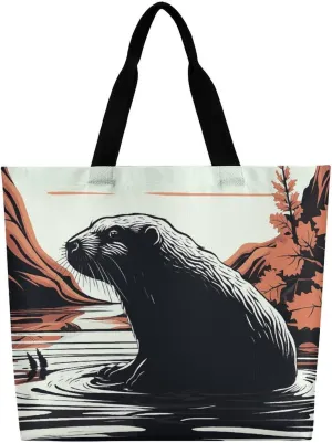 Black Beaver Tote Bag Large Reusable Grocery Bag Fasion Handbag Women Casual Shoulder Bag for Office Shopping Travel