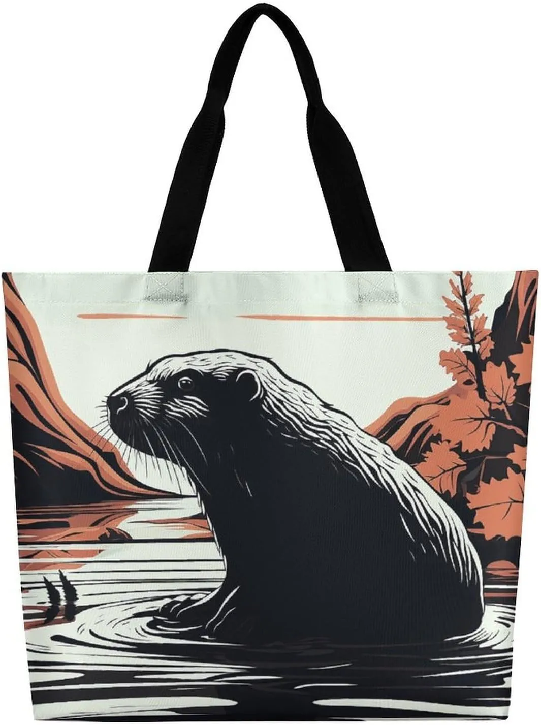 Black Beaver Tote Bag Large Reusable Grocery Bag Fasion Handbag Women Casual Shoulder Bag for Office Shopping Travel