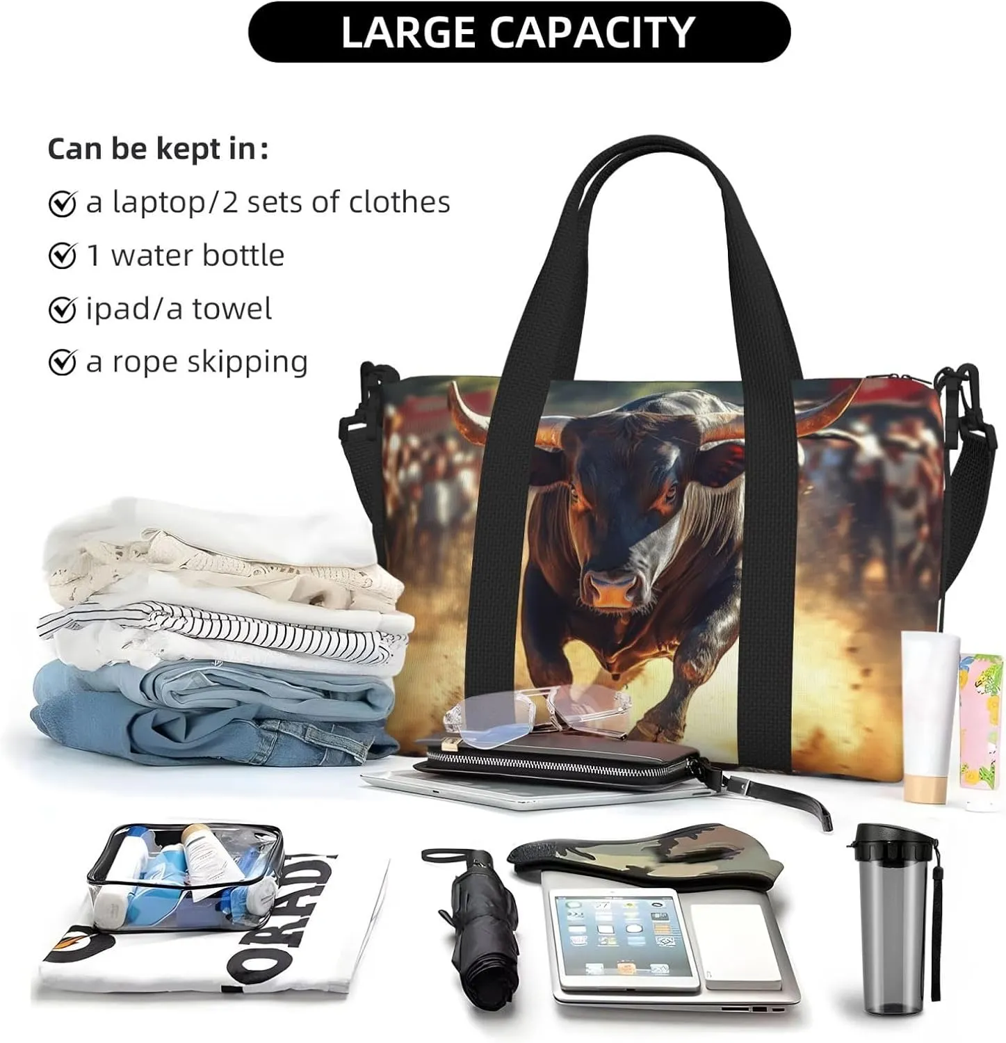 black bull print Travel Duffel Bag, Sports Tote Gym Bag, Swim Pool Bag Large Shoulder Tote Bag for Beach Weekender