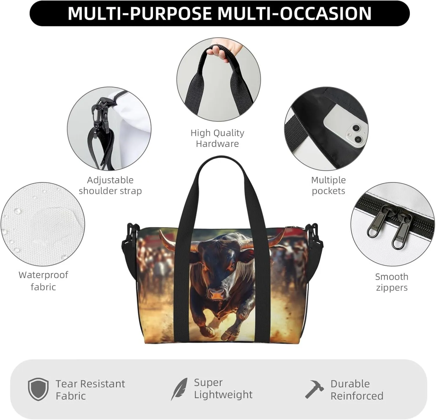 black bull print Travel Duffel Bag, Sports Tote Gym Bag, Swim Pool Bag Large Shoulder Tote Bag for Beach Weekender