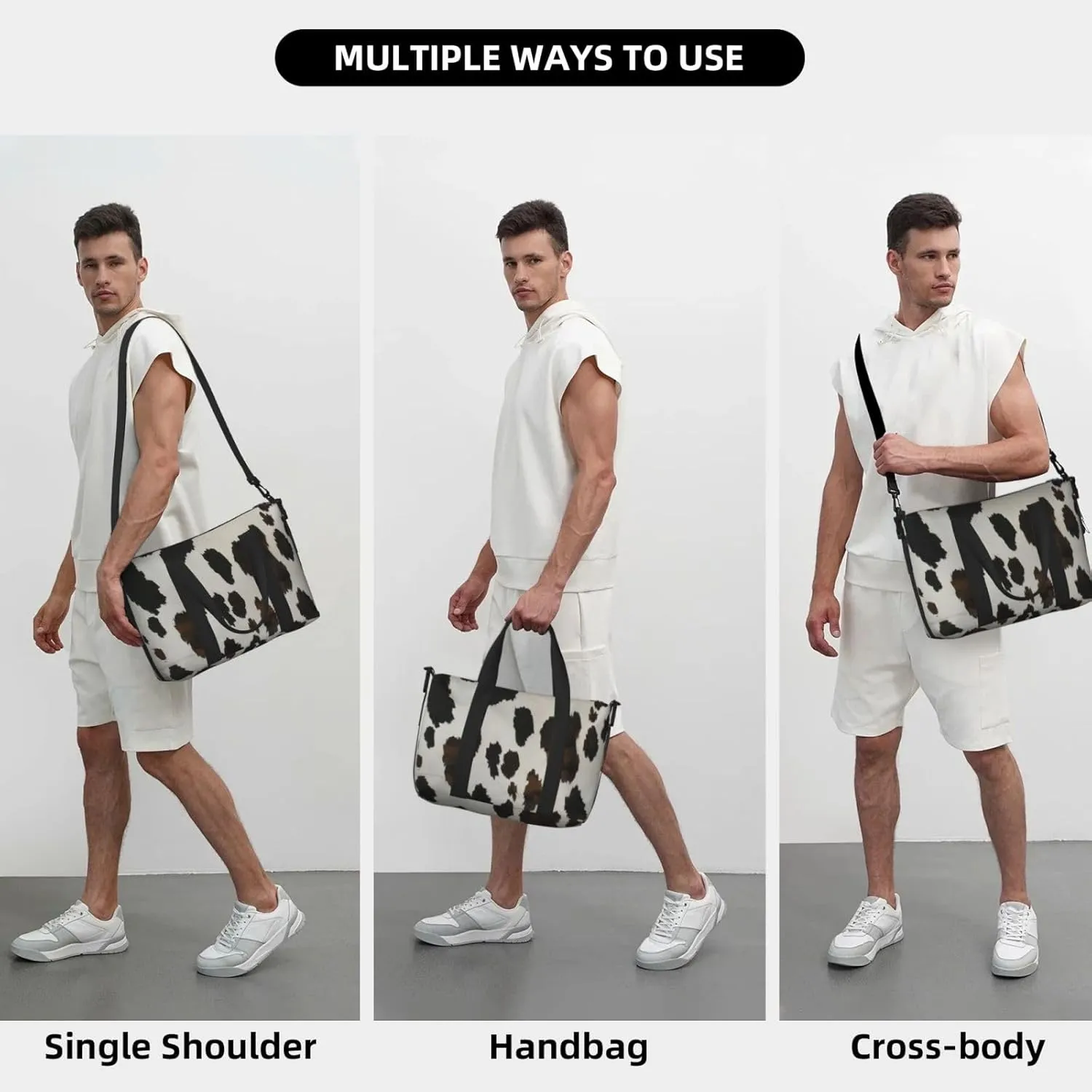 black cowhide print Travel Duffel Bag, Sports Tote Gym Bag, Swim Pool Bag Large Shoulder Tote Bag for Beach Weekender