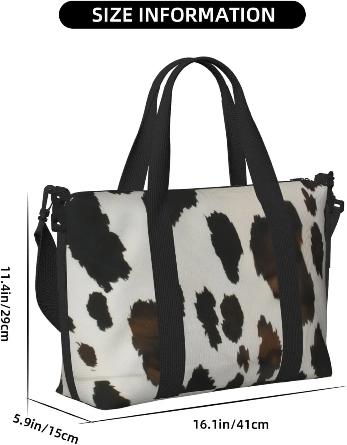 black cowhide print Travel Duffel Bag, Sports Tote Gym Bag, Swim Pool Bag Large Shoulder Tote Bag for Beach Weekender