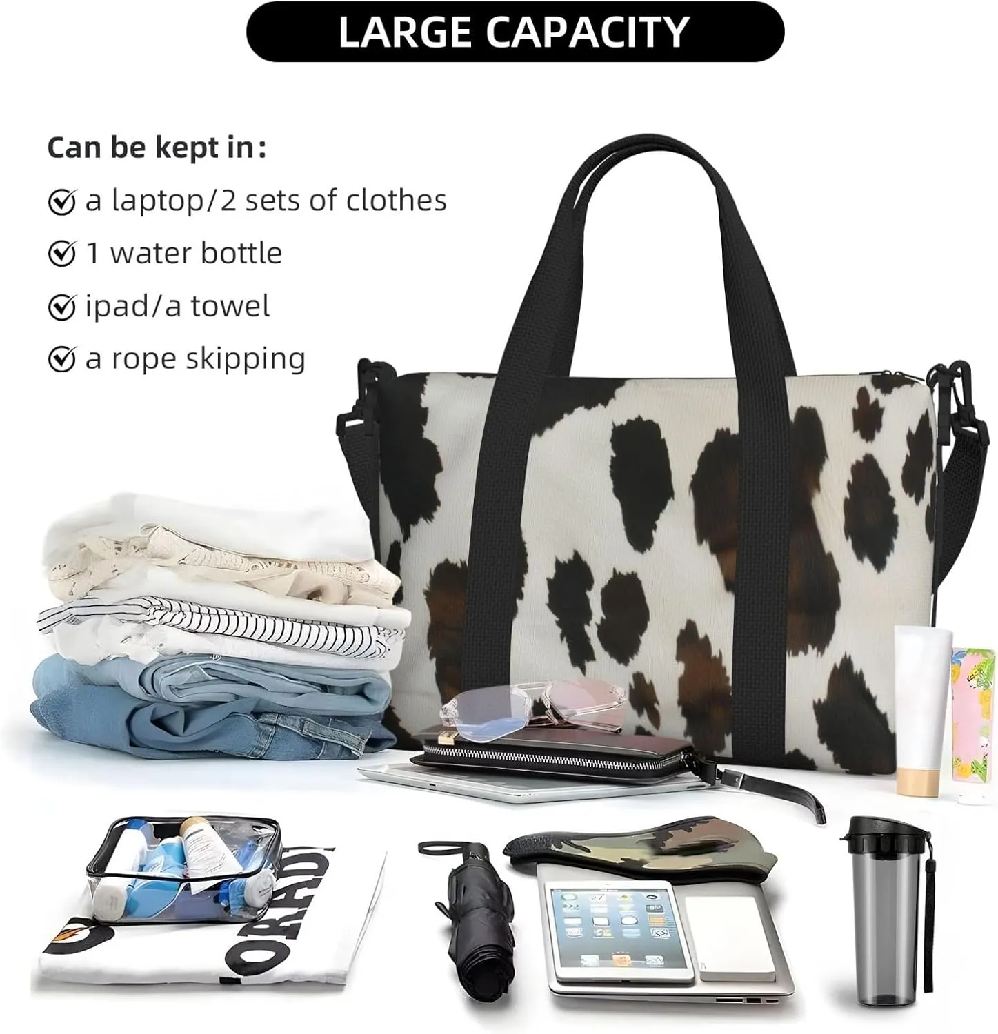 black cowhide print Travel Duffel Bag, Sports Tote Gym Bag, Swim Pool Bag Large Shoulder Tote Bag for Beach Weekender