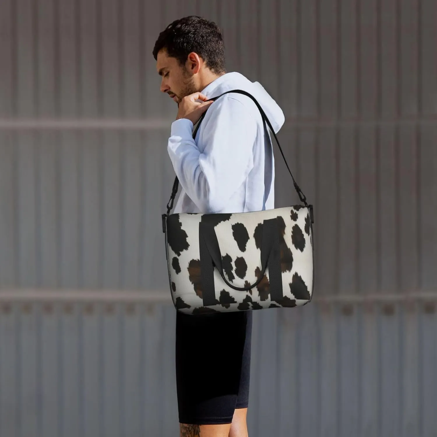 black cowhide print Travel Duffel Bag, Sports Tote Gym Bag, Swim Pool Bag Large Shoulder Tote Bag for Beach Weekender